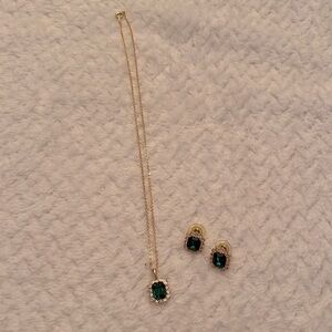 Vintage Gold Tone Simulated Diamonds & Emerald Pendant & Studd Earrings